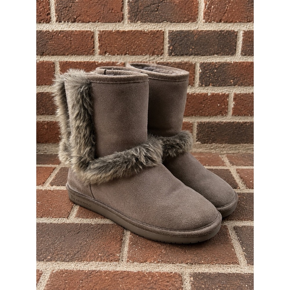 Bearpaw 8 Grey Suede Faux Fur Trim Boots Fall Apres Ski Y2K McBling Cabin 2000s - Picture 1 of 9